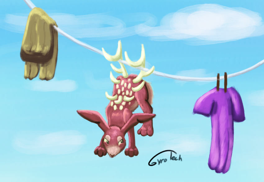 ambiguous_gender clothes_line clothing feral gyrotech hanging_by_antler hi_res lagomorph leporid mammal rabbit red_body sky solo