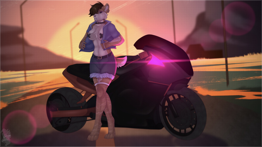 absurd_res anthro bike_shorts biker bottomwear clothing cyberpunk driver felid female fishnet hi_res highway machairodontine mammal nipple_tape pasties shorts sports_bike tape toofer wisedory