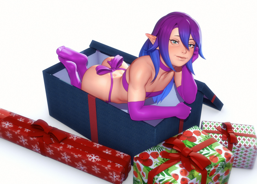 1girl arm_support ass blue_eyes bow elbow_gloves flat_chest gloves gradient_hair hair_between_eyes highres in_container john_doe long_hair looking_at_viewer multicolored_hair naked_ribbon pointy_ears purple_hair ribbon smile solo tera_online thighhighs