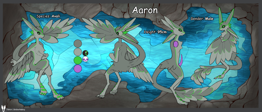 2022 3_fingers 3_toes 4_ears aaron_(avali) absurd_res avali avian bedsheetwalking cave cave_background chest_tuft claws comic_sans feather_tuft feathers feet fingers front_view genitals green_body green_ears green_eyes green_feathers green_scutes green_stripes green_tail_feathers grey_body grey_claws grey_feathers grey_head grey_inner_ear grey_inner_ear_fluff grey_legs grey_neck grey_pawpads grey_sclera grey_tail grey_tuft hi_res information inner_ear_fluff long_ears long_neck male measurements model_sheet multi_ear nude pawpads penis purple_insides purple_penis rear_view rock side_view solo species_name stripes tapering_penis text toes tuft winged_arms wings