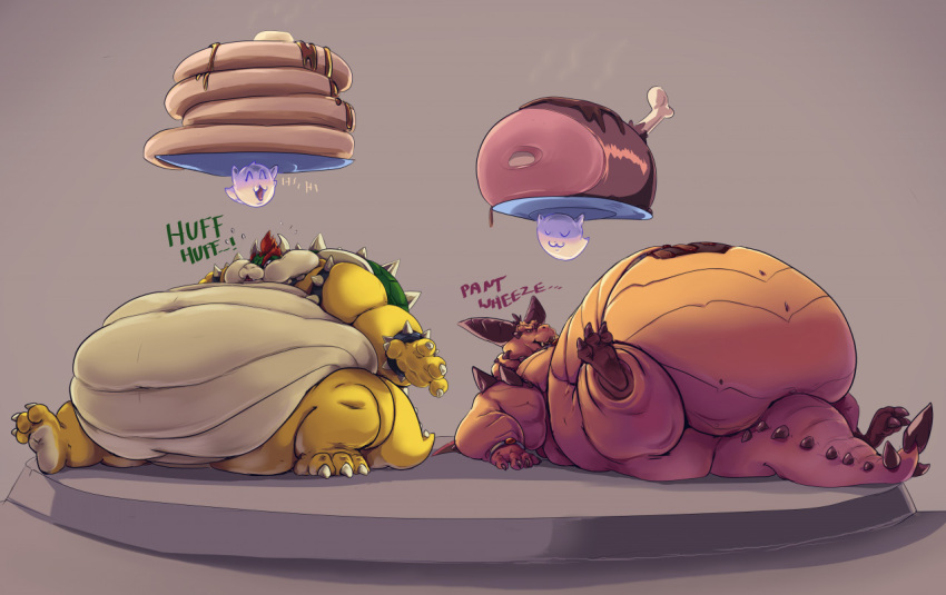 activision anthro belly big_belly boo_(mario) bowser dragon duo feeding food ghost koopa magnus_(spyro) male male/male mario_bros mayonnaisepinata morbidly_obese nintendo obese overweight overweight_male scalie spirit spyro_the_dragon video_games