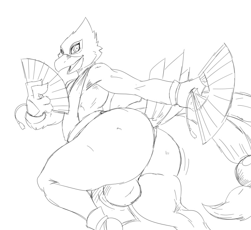 2022 a-side anthro avian beak big_butt bird bottomwear bulge butt clothed clothing falco_lombardi falcon falconid fan_(disambiguation) feathers hi_res holding_fan holding_object loincloth looking_at_viewer looking_back male nintendo open_mouth rear_view smile smiling_at_viewer solo star_fox tail_feathers tongue video_games wide_eyed
