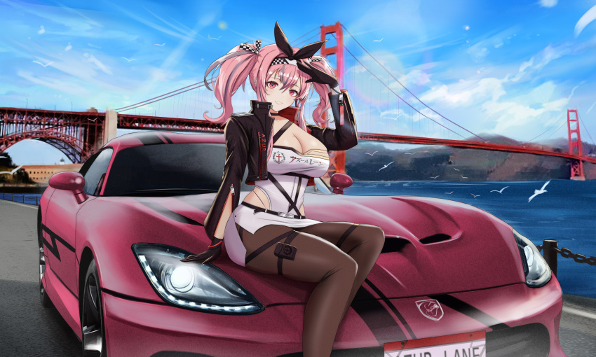 1girl absurdres alternate_costume azur_lane bird bow bremerton_(azur_lane) car checkered_bow checkered_clothes cloud day dodge dodge_viper gloves golden_gate_bridge ground_vehicle highres incredibly_absurdres kcar66t looking_at_viewer miniskirt motor_vehicle pantyhose product_placement race_queen real_world_location sitting skirt sports_car