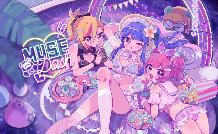 3girls aeruusa ass blue_hair bow breasts burou_(muse_dash) candy cleavage cookie cup flower food hair_bow hair_ornament hairpin heart highres large_breasts long_hair lying marija_(muse_dash) multicolored_hair multiple_girls muse_dash official_art on_stomach one_eye_closed orange_hair pink_eyes pink_hair ponytail pool purple_eyes rin_(muse_dash) short_hair sidelocks skirt snorkel streaked_hair swimsuit thighs