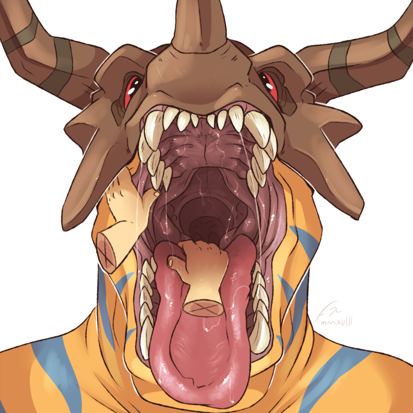 1:1 ambiguous_gender bandai_namco bodily_fluids digimon digimon_(species) duo front_view glistening glistening_eyes glistening_tongue greymon hand_in_mouth imperatorcaesar male mouth_play mouth_shot open_mouth red_tongue saliva saliva_on_tongue saliva_string sharp_teeth simple_background solo_focus teeth tongue tongue_out white_background