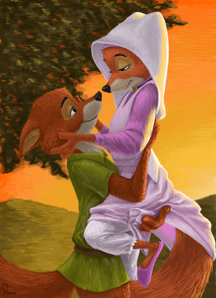 absurd_res anthro bottomwear canid canine canis canon_couple clothed clothing digital_media_(artwork) digital_painting_(artwork) disney duo eye_contact female footwear fox fur half-closed_eyes hareluca hi_res holding_(disambiguation) holding_partner looking_at_another maid_marian male male/female mammal narrowed_eyes outside robin_hood robin_hood_(disney) romantic romantic_ambiance romantic_couple shoes skirt sky smile standing