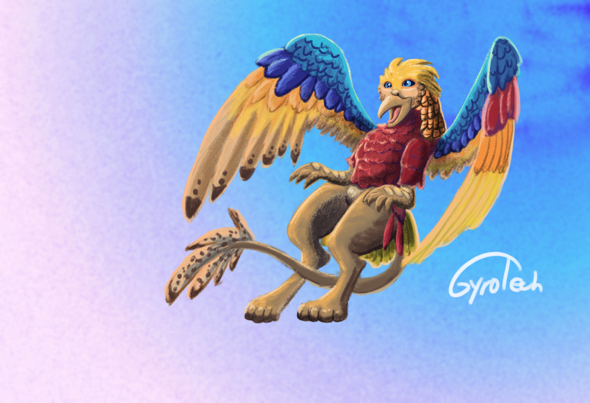 absurd_res avian beak bird_feet blue_body blue_feathers brown_body feathers flying gryphon gyrotech hi_res male mythological_avian mythology paws red_body red_feathers solo spread_wings tail_tuft tuft wings yellow_body yellow_feathers