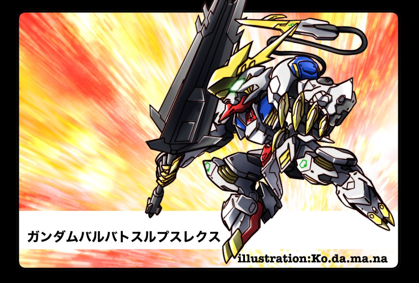 artist_name black_border border cable cable_tail character_name chibi claws commission glowing glowing_eye green_eyes gundam gundam_barbatos_lupus_rex gundam_tekketsu_no_orphans highres holding_club mecha mechanical_tail mobile_suit no_humans open_hand over_shoulder robot science_fiction solo tail weapon weapon_over_shoulder yuzupapa