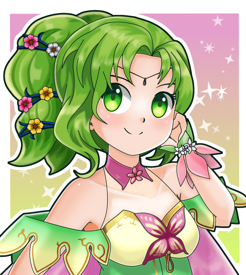 absurdres cape closed_mouth dinjo fire_emblem fire_emblem:_the_sacred_stones fire_emblem_heroes green_eyes green_hair highres l'arachel_(fire_emblem) official_alternate_costume smile solo