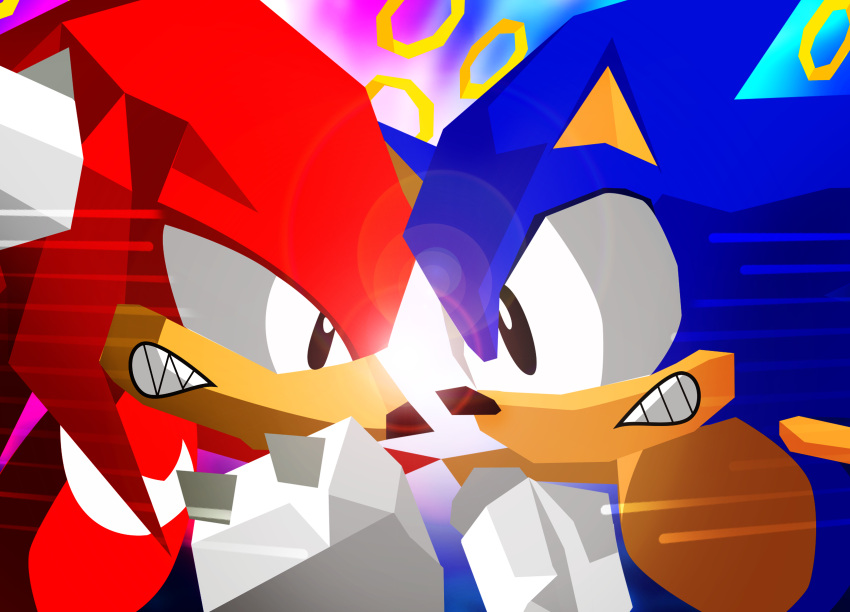 absurd_res black_eyes blue_body blue_fur echdina eulipotyphlan fangs frown fur hedgehog hi_res knuckles_the_echidna male mammal on_model red_body red_fur ring ring_(sonic) sega sonic_the_fighters sonic_the_hedgehog sonic_the_hedgehog_(series) xeternalflamebryx