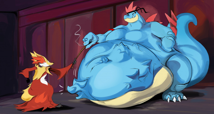 abdominal_bulge accessory after_vore anthro belly big_belly blue_body blue_skin canid canine delphox duo featherhead feraligatr fox fur headband imminent_vore mammal muscular nintendo pok&eacute;mon pok&eacute;mon_(species) red_body red_fur scalie size_difference video_games vore yellow_body yellow_fur