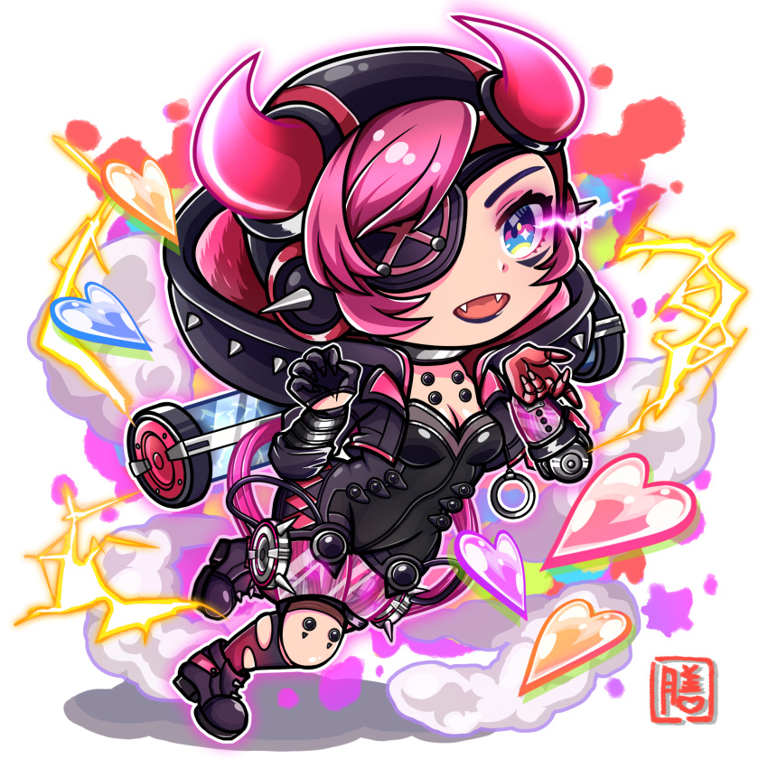 1girl apex_legends black_bodysuit black_gloves black_headwear black_jacket bodysuit breasts chibi cleavage cyber_punked_wattson eyepatch fangs gloves grey_background heart highres horns ichizen_keiki jacket lipstick makeup mechanical_arms mechanical_legs medium_breasts official_alternate_costume one_eye_covered open_mouth pink_hair purple_lips single_mechanical_arm smile solo wattson_(apex_legends)