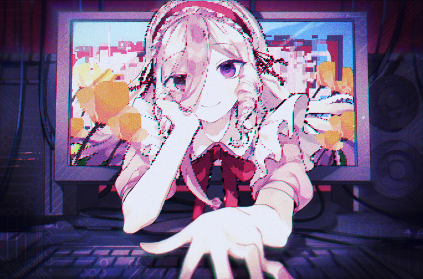 1girl apron character_request closed_mouth commentary_request copyright_request drill_locks flower frills hand_on_own_cheek hand_on_own_face head_rest headband highres keyboard_(computer) looking_at_viewer monitor pink_hair pink_shirt pixelated purple_eyes ribbon ruoruomi shirt smile solo speaker through_screen virtual_youtuber white_apron yellow_flower