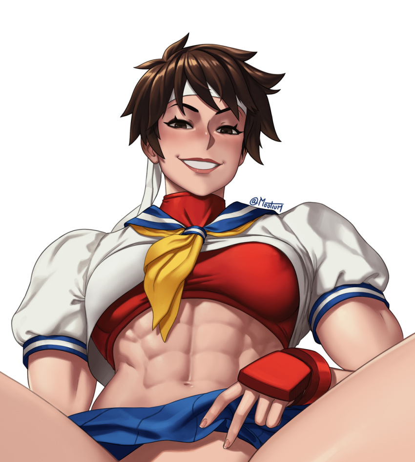 1girl abs bandana biceps blue_sailor_collar blue_skirt brown_eyes brown_hair clothes_lift commission crop_top cropped gloves grin highres kasugano_sakura lips looking_at_viewer mootium muscular muscular_female navel neckerchief open_mouth pleated_skirt sailor_collar school_uniform serafuku shirt short_hair short_sleeves skirt skirt_lift smile solo sports_bra sportswear street_fighter street_fighter_v teeth white_background white_shirt yellow_neckerchief
