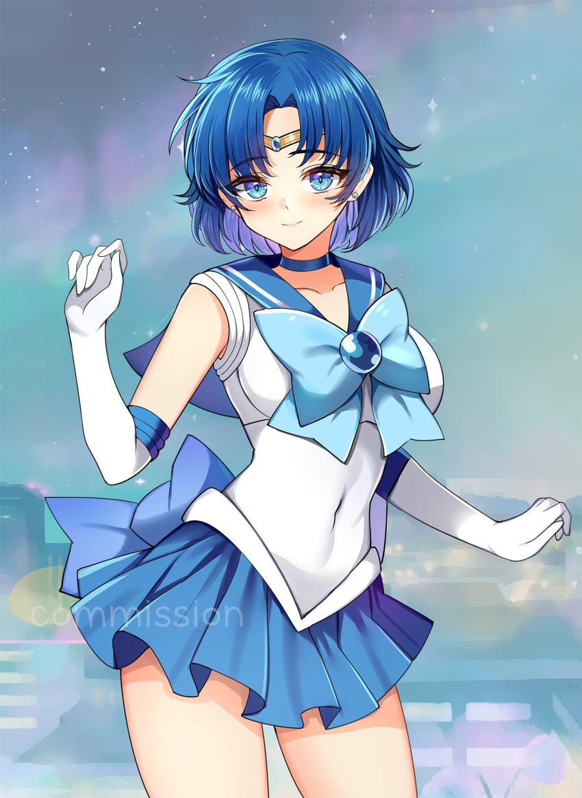 1girl arm_up bangs bishoujo_senshi_sailor_moon blue_bow blue_eyes blue_hair blue_sailor_collar blue_skirt blush bow bowtie breasts choker city collarbone commission covered_navel cowboy_shot earrings elbow_gloves gloves highres jewelry jirafuru looking_at_viewer medium_breasts mizuno_ami night night_sky parted_bangs sailor_collar sailor_mercury sailor_senshi_uniform shirt short_hair short_sleeves skirt sky smile solo thighs tiara white_gloves white_shirt