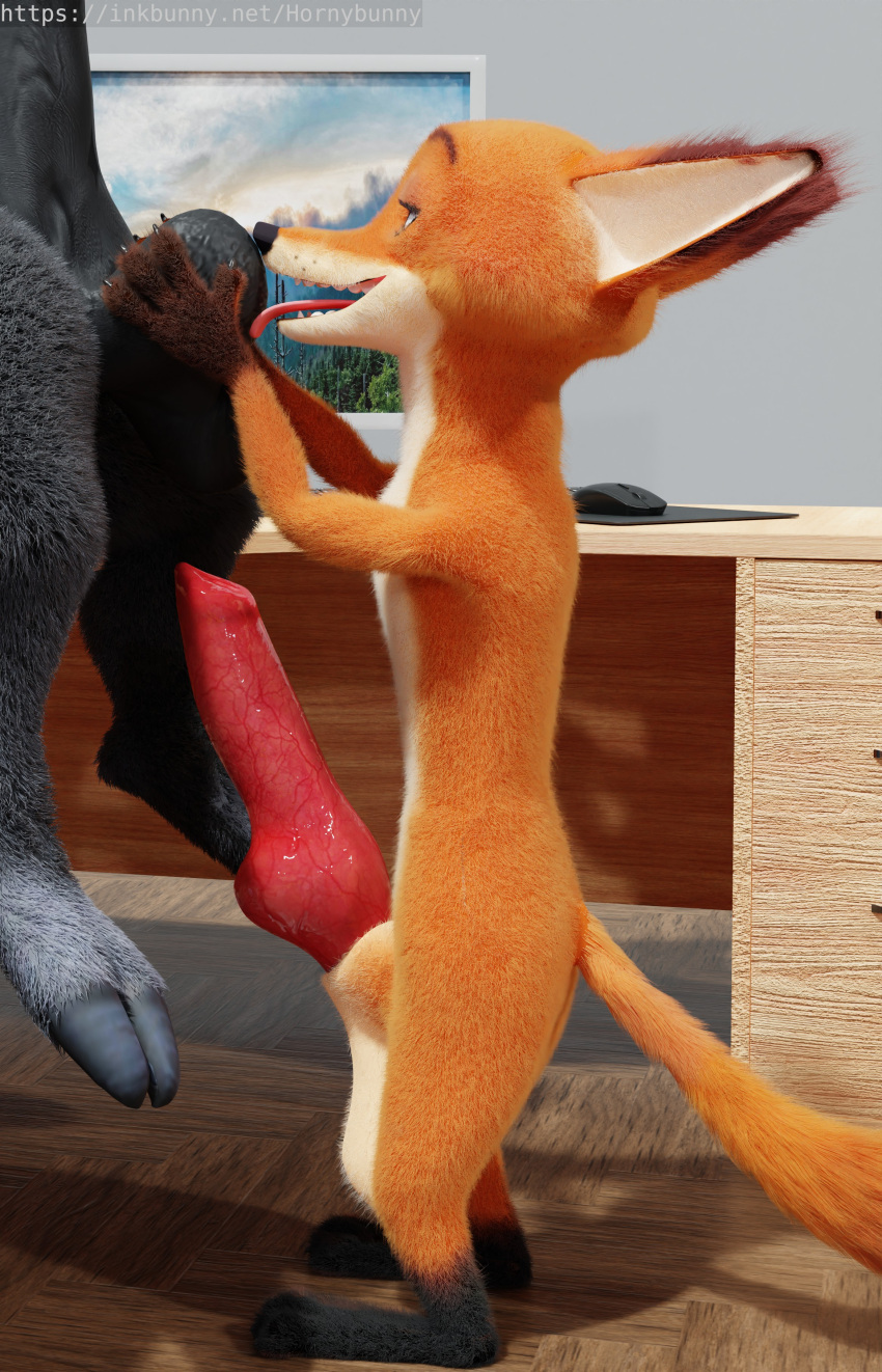 absurd_res anthro ball_lick balls big_balls big_penis bovid bovine canid canine chief_bogo disney duo erection fox genitals hi_res hornybunny licking male male/male mammal nick_wilde oral penis sex small_but_hung tongue tongue_out true_buffalo water_buffalo zootopia