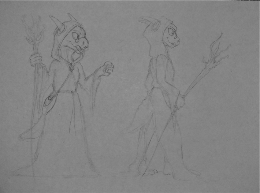 clothed clothing eyewear fully_clothed glasses hi_res hood kobold lordflawn magic_user monochrome robe scalie sketch smile staff standing traditional_media_(artwork)