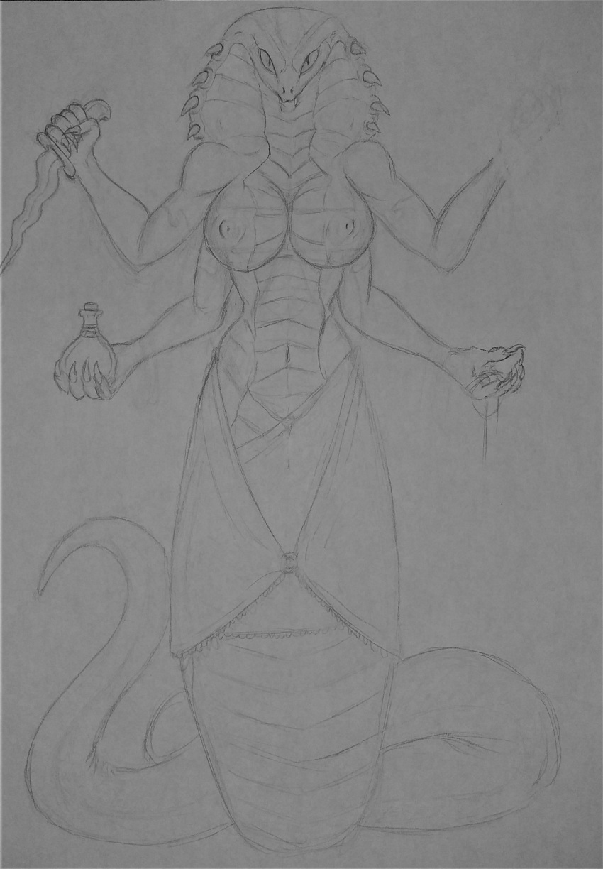 4_arms anthro apode bottle breasts cobra dagger draconcopode fangs hi_res knife legless looking_at_viewer lordflawn melee_weapon monochrome mostly_nude multi_arm multi_limb naga navel nipples reptile scalie serpentine sketch snake solo traditional_media_(artwork) weapon