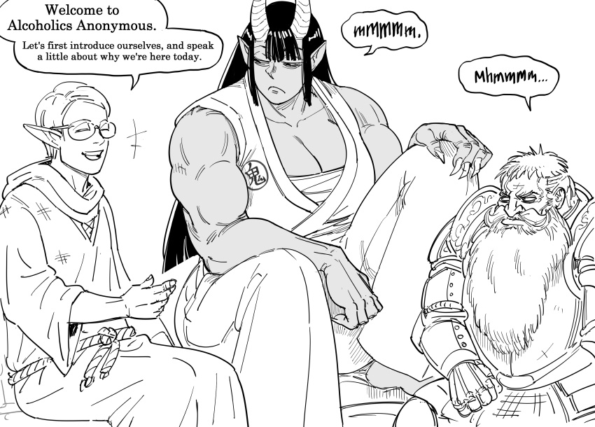 absurd_res baalbuddy beard breasts cleavage clothed clothing dialogue elf eyewear facial_hair female glasses group hi_res horn horned_humanoid humanoid monochrome muscular muscular_female not_furry trio