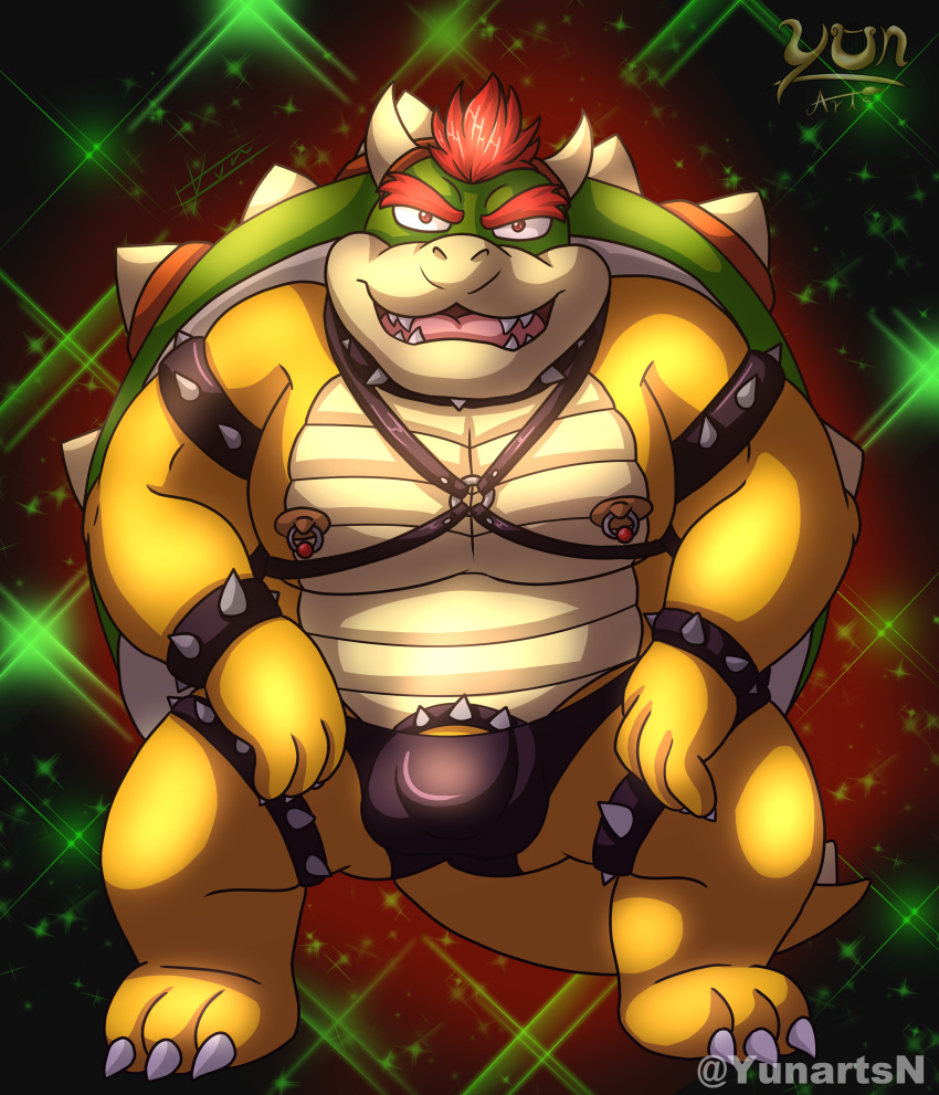 absurd_res accessory anthro balls_outline big_penis bowser bulge chubby_anthro clothing cock_ring cuff_(restraint) detailed_bulge genital_outline genitals harness hi_res jewelry koopa leather leather_clothing leather_collar leather_cuffs leather_harness leather_underwear looking_at_viewer male mario_bros muscular nintendo penis penis_accessory penis_jewelry restraints scalie slightly_chubby solo solo_focus underwear video_games yunartsn