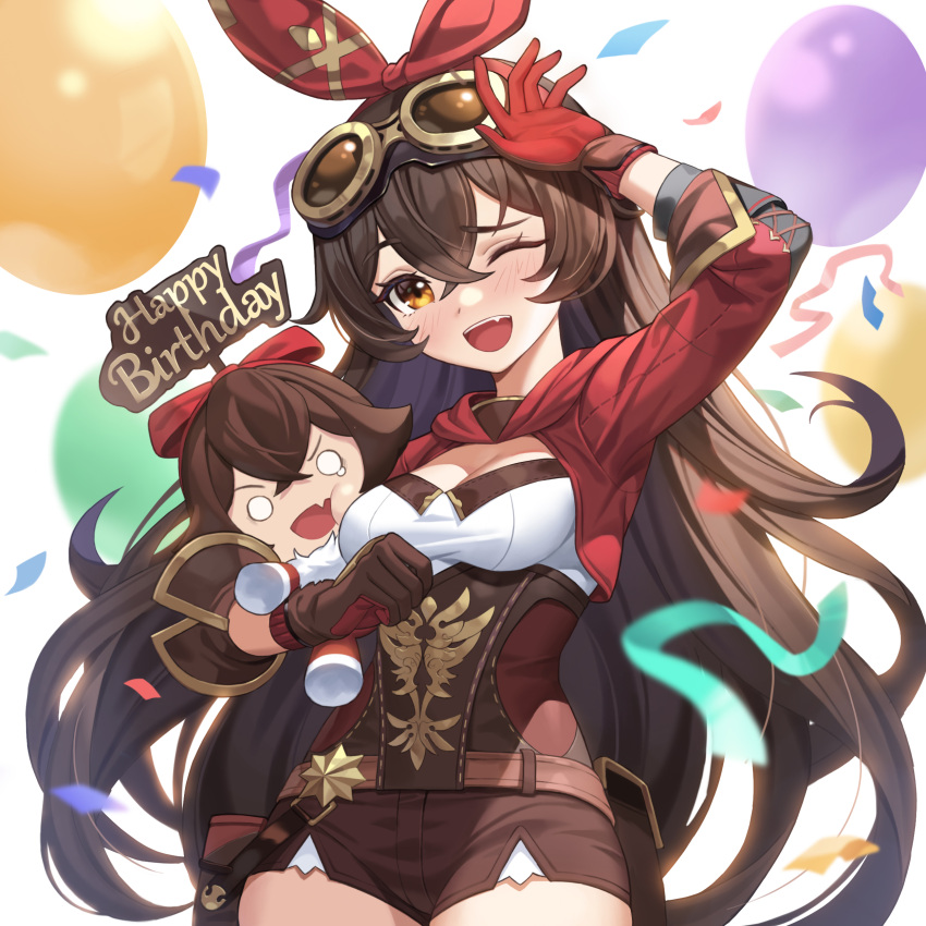 2girls absurdres amber_(genshin_impact) balloon baron_bunny_(genshin_impact) breasts brown_hair cleavage confetti cowboy_shot genshin_impact happy_birthday highres multiple_girls nolan one_eye_closed open_mouth short_shorts shorts smile stuffed_toy