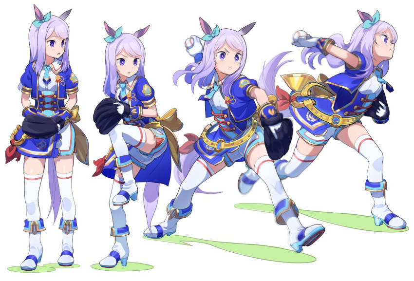 1girl animal_ears ball bangs baseball baseball_mitt blue_jacket blue_necktie boots corset cropped_jacket ear_bow frown gloves holding holding_ball horse_ears horse_girl horse_tail jacket long_hair mejiro_mcqueen_(umamusume) motion_blur multiple_views necktie nishiki_kazue pitching purple_eyes purple_hair sequential shirt short_necktie short_sleeves shorts standing standing_on_one_leg tail thighhighs umamusume v-shaped_eyebrows white_background white_footwear white_gloves white_shirt white_shorts white_thighhighs