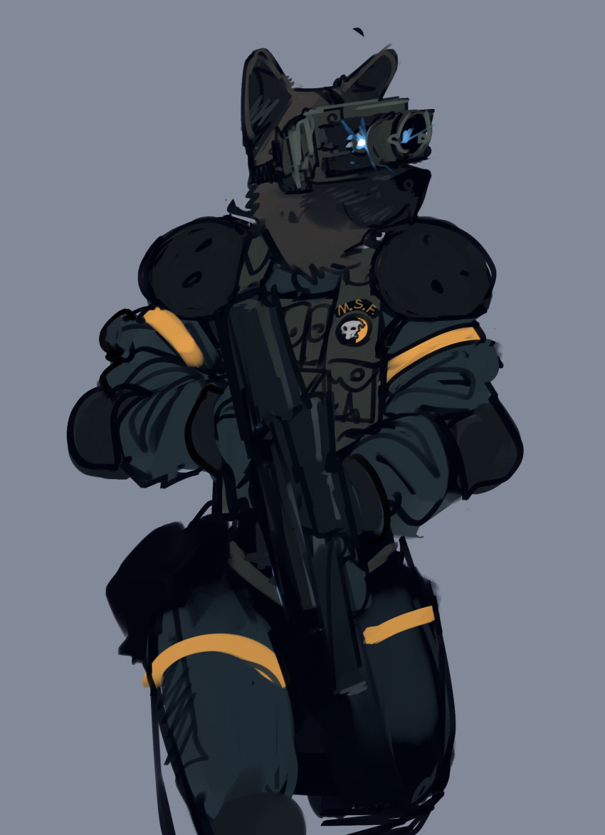 absurd_res anthro armor canid canine canis clothing domestic_dog elbow_pads gloves gun handwear hi_res konami male mammal metal_gear night_vision_goggles pochowek ranged_weapon rifle shoulder_pads simple_background solo video_games weapon