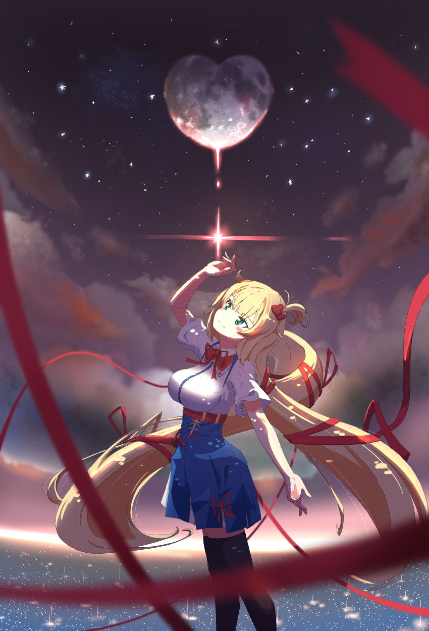 1girl absurdres akai_haato aqua_eyes black_thighhighs blonde_hair blue_skirt blush breasts commentary dcadca3 english_commentary hair_ornament heart heart_hair_ornament highres hololive korean_commentary large_breasts long_hair looking_up mixed-language_commentary moon ribbon_hair shirt skirt sky smile star_(sky) starry_sky thighhighs twintails underbust very_long_hair virtual_youtuber water white_shirt zettai_ryouiki