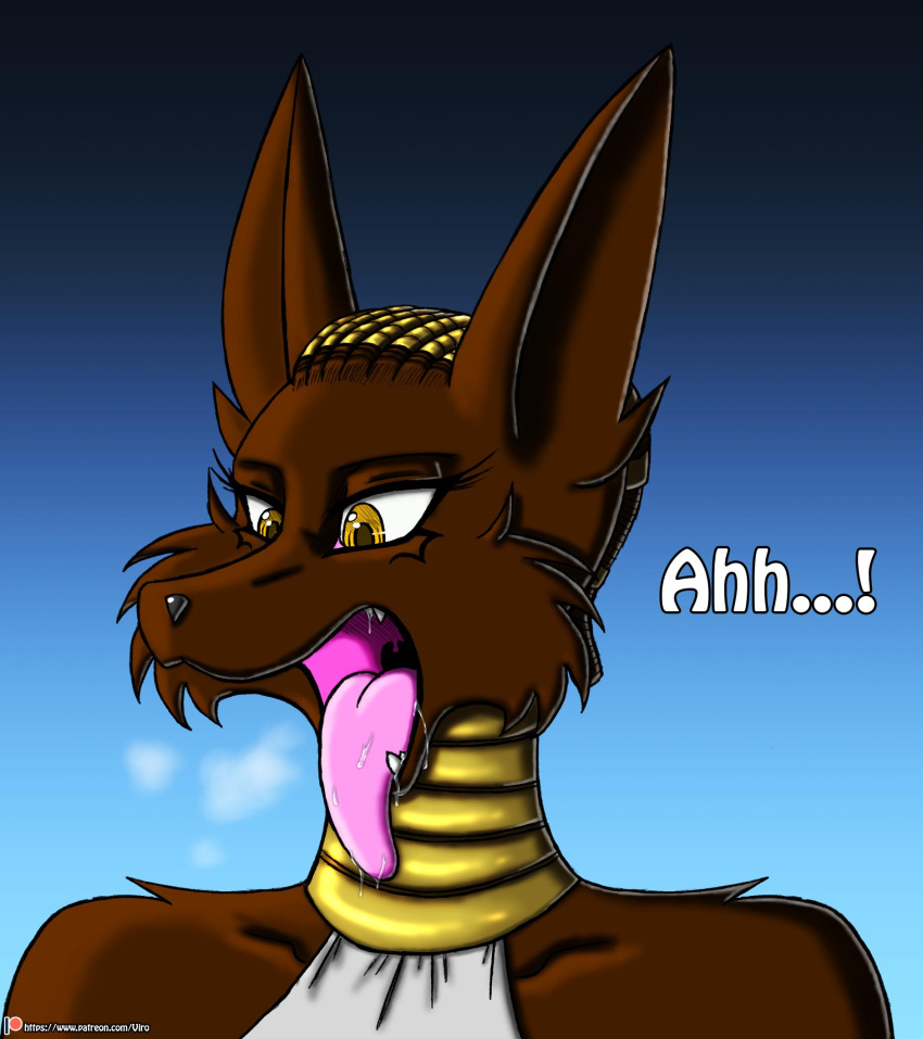 2017 anthro black_circus bodily_fluids brown_body brown_fur canid canine canis clothed clothing digital_media_(artwork) english_text female fur giraffe giraffid hi_res hybrid jackal mammal mona_l'arc neck_ring open_mouth saliva solo text tongue tongue_out viroveteruscy