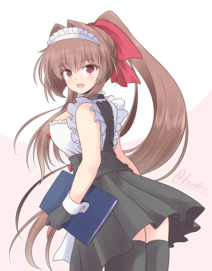 1girl alternate_costume black_gloves black_thighhighs breasts brown_hair cowboy_shot enmaided gloves hair_intakes hair_ribbon highres icesherbet kantai_collection large_breasts long_hair maid maid_headdress ponytail red_eyes red_ribbon ribbon sidelocks solo standing thighhighs wrist_cuffs yamato_(kancolle)