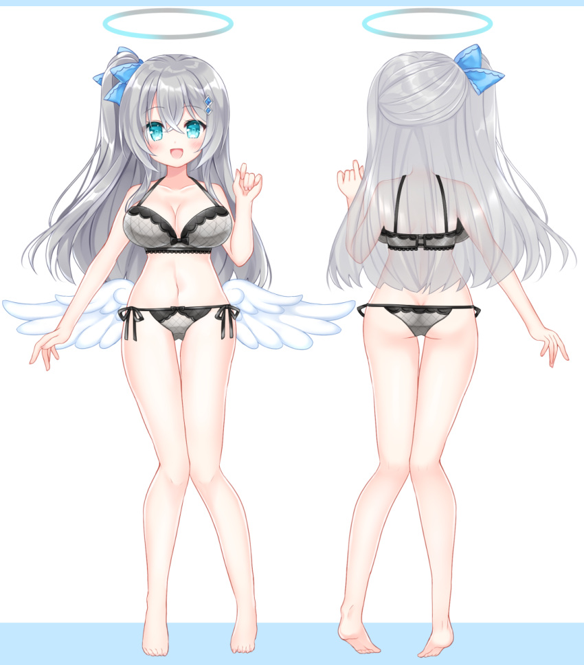 1girl ass_visible_through_thighs bangs bare_arms bare_legs bare_shoulders barefoot blue_background blue_bow blue_eyes bow bra breasts cleavage copyright_request feathered_wings grey_bra grey_hair grey_panties hair_between_eyes hair_bow halo highres large_breasts long_hair low_wings multiple_views navel official_art one_side_up panties shikito side-tie_panties thigh_gap turnaround two-tone_background underwear underwear_only very_long_hair white_background white_wings wings x-ray