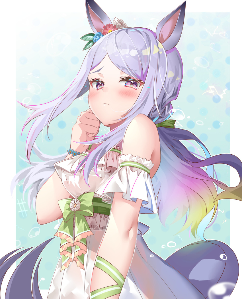 1girl :&lt; absurdres animal_ears arm_ribbon bangs bare_shoulders blue_flower blue_hair blush border bow breasts bubble casual_one-piece_swimsuit clenched_hand closed_mouth commentary_request detached_sleeves floating_hair flower flower_bracelet frilled_swimsuit frills gradient_hair green_background green_bow green_hair green_ribbon hair_bow hair_flower hair_ornament hand_up highres horse_ears horse_girl long_hair looking_at_viewer looking_to_the_side low-tied_long_hair mejiro_mcqueen_(umamusume) multicolored_hair official_alternate_costume one-piece_swimsuit outside_border parted_bangs pink_eyes pink_flower pink_hair polka_dot polka_dot_background purple_hair ribbon shiny shiny_hair sho_(runatic_moon) short_sleeves sidelocks small_breasts smile solo super_smashing_summer_vacation_(umamusume) swimsuit umamusume white_flower white_swimsuit