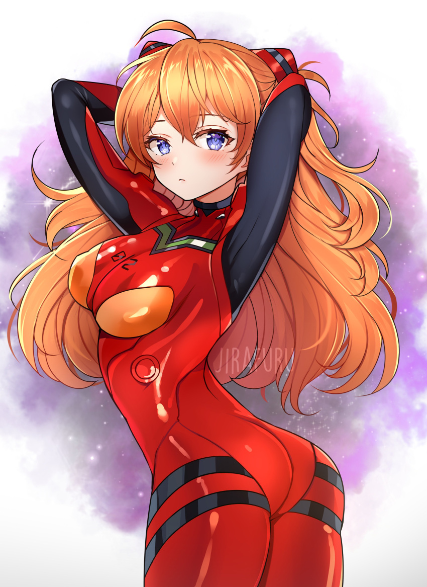 1girl absurdres ahoge arched_back arms_behind_head ass blue_eyes blush bodysuit breasts cleavage cowboy_shot hair_between_eyes headgear high_collar highres jirafuru long_hair looking_at_viewer medium_breasts neon_genesis_evangelion orange_hair plugsuit purple_background red_bodysuit shiny shiny_clothes solo souryuu_asuka_langley twintails