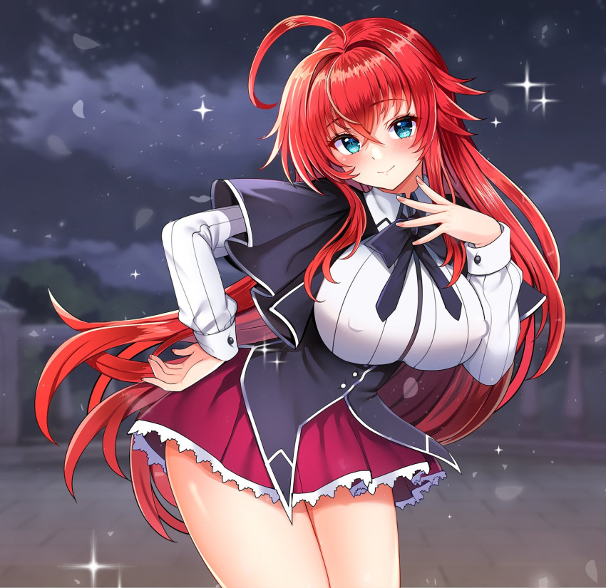 1girl ahoge bangs black_capelet black_corset black_ribbon blue_eyes blush breasts capelet cloud cloudy_sky collared_shirt corset covered_nipples cowboy_shot crossed_bangs falling_petals hair_between_eyes hand_on_hip hand_to_own_face high_school_dxd highres jirafuru kuoh_academy_school_uniform lace_trim large_breasts leaning_forward long_hair looking_at_viewer neck_ribbon night night_sky petals pleated_skirt red_hair red_skirt rias_gremory ribbon school_uniform shirt skirt sky smile solo sparkle thighs underbust white_shirt