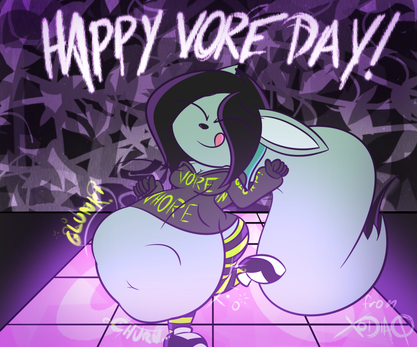 absurd_res anthro basilsbin churn clothing dance_floor dancing digestion digestion_noises domestic_ferret female glunk hi_res hoodie legwear licking licking_lips mammal mustela mustelid musteline solo thigh_highs tongue tongue_out topwear true_musteline vore vore_day vore_day_2022 xodiaq