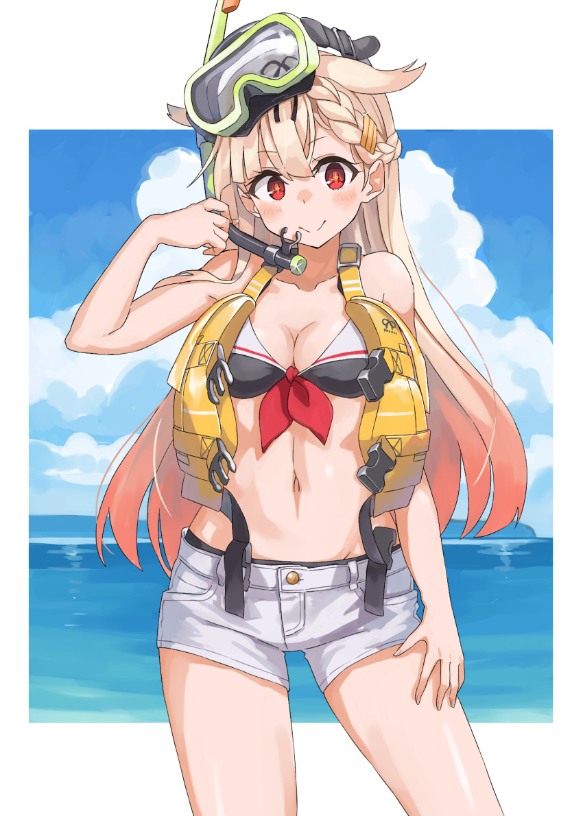 1girl bangs bikini blonde_hair blush braid breasts cleavage cloud day diving_mask diving_mask_on_head goggles goggles_on_head gradient_hair hair_flaps hair_ornament hairclip highres kantai_collection long_hair looking_at_viewer medium_breasts multicolored_hair ocean outdoors pink_hair red_eyes sailor_bikini sailor_collar short_shorts shorts sky smile snorkel solo sugue_tettou swimsuit twitter_username very_long_hair water white_shorts yuudachi_(kancolle) yuudachi_kai_ni_(kancolle)
