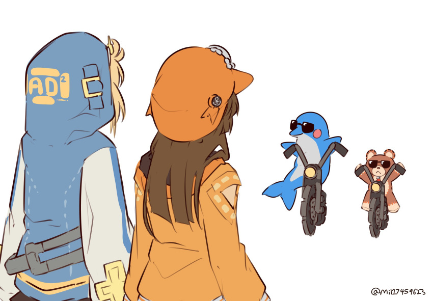 1boy 1girl bicycle blonde_hair bridget_(guilty_gear) brown_hair dolphin ground_vehicle guilty_gear guilty_gear_strive habit hat highres hood hoodie long_hair may_(guilty_gear) mil17459623 mr._dolphin_(guilty_gear) orange_headwear orange_hoodie orange_sailor_collar pirate_hat riding riding_bicycle roger_(guilty_gear) sailor_collar skull_and_crossbones stuffed_animal stuffed_toy sunglasses