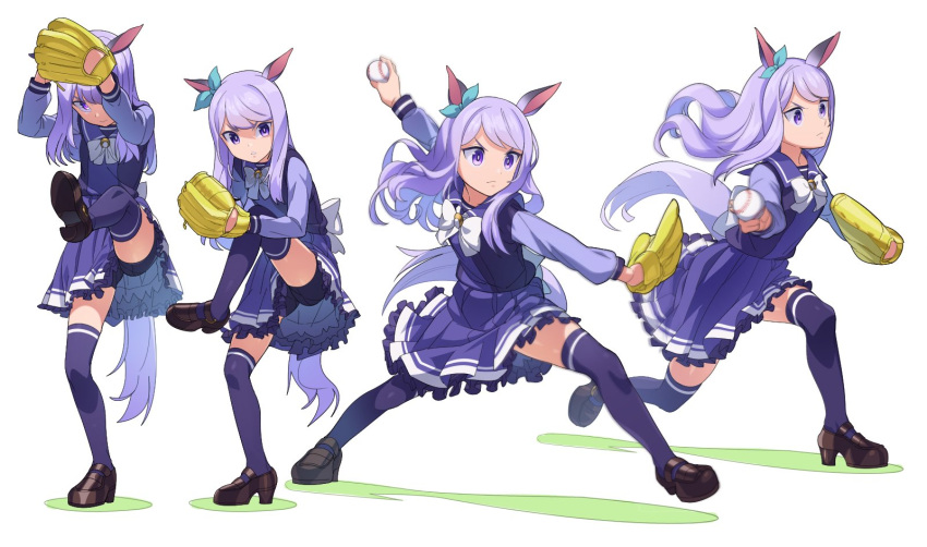 1girl animal_ears arms_up ball bangs baseball baseball_mitt bike_shorts bow bowtie brown_footwear closed_mouth ear_bow high_heels highres holding holding_ball horse_ears horse_girl horse_tail leg_up long_hair long_sleeves mejiro_mcqueen_(umamusume) motion_blur multiple_views nishiki_kazue outstretched_arms parted_lips pitching purple_eyes purple_shirt purple_skirt purple_thighhighs sequential shaded_face shirt skirt standing standing_on_one_leg tail thighhighs umamusume v-shaped_eyebrows white_background white_bow white_bowtie