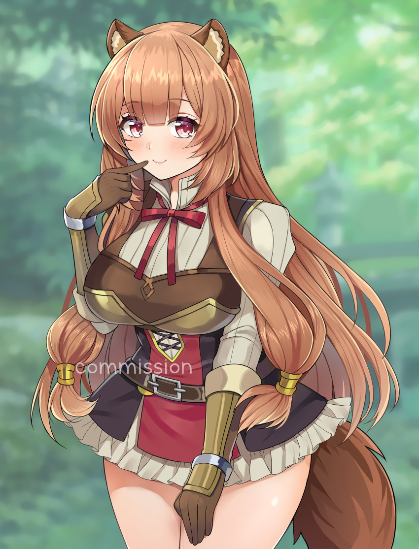 1girl absurdres animal_ears arm_guards bangs belt belt_buckle blunt_bangs breasts brown_hair buckle cowboy_shot dress finger_to_mouth frilled_dress frills gloves hair_between_eyes highres jirafuru lace-up_top large_breasts leather leather_gloves long_hair long_sleeves looking_at_viewer multicolored_clothes multicolored_dress neck_ribbon outdoors popped_collar raccoon_ears raccoon_girl raccoon_tail raphtalia red_eyes red_ribbon ribbon short_dress sidelocks smile solo tail tate_no_yuusha_no_nariagari