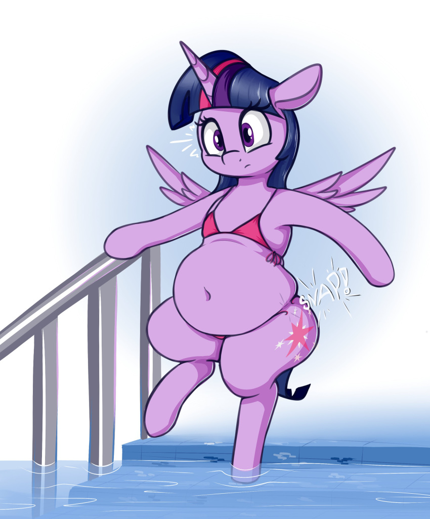 2022 absurd_res andelai belly bikini clothing cutie_mark digital_media_(artwork) equid equine eyelashes feathered_wings feathers female friendship_is_magic hair hasbro hi_res horn mammal my_little_pony navel purple_body purple_eyes purple_feathers purple_hair purple_tail semi-anthro slightly_chubby surprise swimming_pool swimwear twilight_sparkle_(mlp) wardrobe_malfunction water winged_unicorn wings