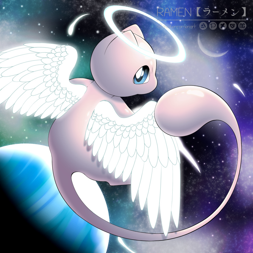 absurd_res ambiguous_gender artist_name blue_eyes cosmic_background cresent_moon feathered_wings feathers feral glowing glowing_wings halo hi_res legendary_pok&eacute;mon looking_at_viewer looking_back looking_back_at_viewer mew monotone_body nintendo pink_body planet pok&eacute;mon pok&eacute;mon_(species) ramen_(artist_3) shooting_star solo space star video_games white_halo white_wings wings