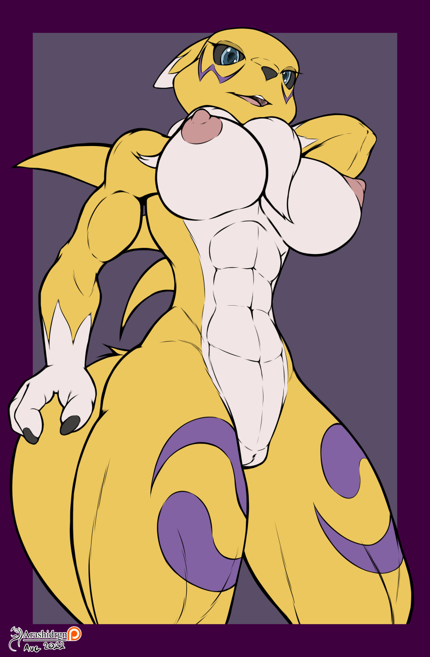 absurd_res arashidrgn bandai_namco big_breasts black_sclera blue_eyes breasts canid canine digimon digimon_(species) female fur hi_res mammal muscular nipples nude renamon solo white_body white_fur yellow_body yellow_fur