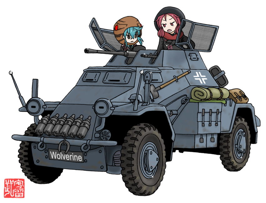 2girls armored_car armored_vehicle artist_logo artist_name badge bag bangs black_hoodie blue_hair blue_shirt brown_hoodie commentary_request eyebrows_visible_through_hair ground_vehicle gun hair_between_eyes hood hood_up iron_cross kemono_friends kemurikusa leaf m.wolverine machine_gun military military_uniform military_vehicle millipen_(medium) multiple_girls necktie open_mouth red_hair red_scarf riku_(kemurikusa) scarf sdkfz_222 shirt shovel sidelocks simple_background striped_hoodie traditional_media tsuchinoko_(kemono_friends) uniform watermark weapon white_background