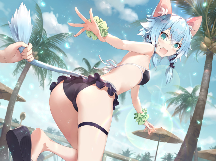 1girl animal_ears ass bangs bikini black_bikini black_footwear blue_hair blue_sky blush breasts cat_ears cat_girl cat_tail cloud commentary day eyebrows_visible_through_hair fang frilled_bikini frills gabiran green_eyes hair_between_eyes looking_at_viewer looking_back open_mouth outdoors palm_tree parasol sandals sinon sinon_(sao-alo) sky small_breasts solo_focus standing standing_on_one_leg swimsuit sword_art_online tail tail_grab tree umbrella