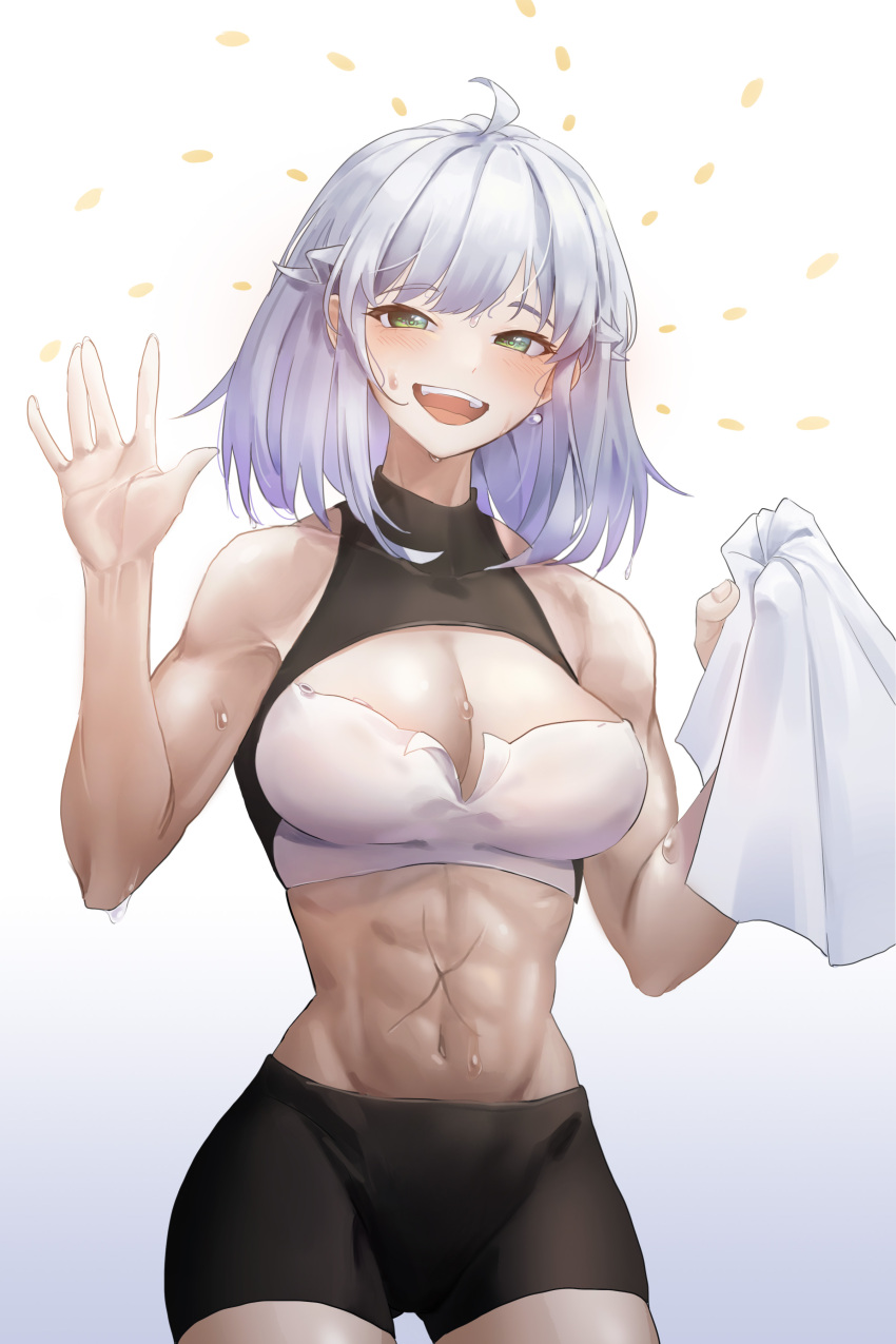 1girl :d abs absurdres ahoge bangs bare_arms bare_shoulders black_shorts breasts cleavage commentary cowboy_shot crop_top gradient gradient_background green_eyes grey_background grey_hair hands_up highres large_breasts looking_at_viewer midriff navel open_mouth original short_hair short_shorts shorts smile solo standing stomach sweat uth_95 white_background