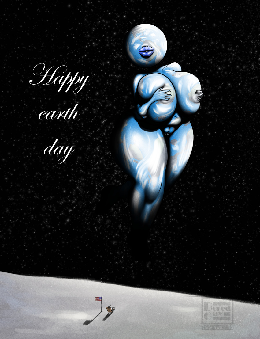 2022 absurd_res animate_inanimate astronaut big_breasts breast_squish breasts duo earth earth_day english_text eyeless female female_focus for_a_head genitals hand_on_breast hi_res huge_breasts humanoid larger_female living_planet nipples not_furry object_head planet pussy redviewer_55 size_difference solo_focus space squish stars_and_stripes text thick_thighs united_states_of_america