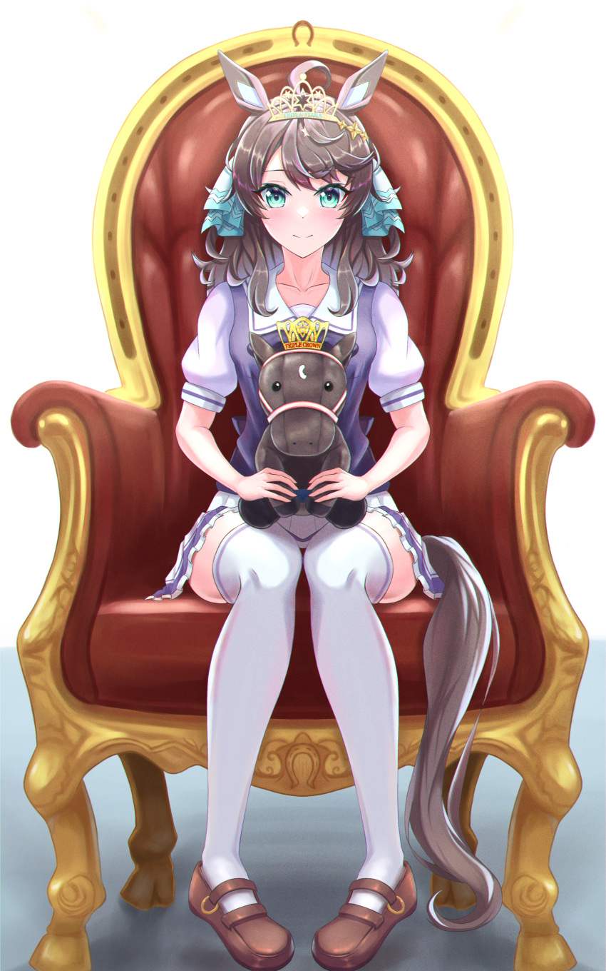 absurdres ahoge animal_ears black_hair blue_eyes chair crown daring_tact_(racehorse) daring_tact_(umamusume) full_body highres horse horse_ears horse_girl horse_tail school_uniform sickly7 simple_background sitting smile stuffed_horse tail thighhighs tracen_school_uniform umamusume white_background