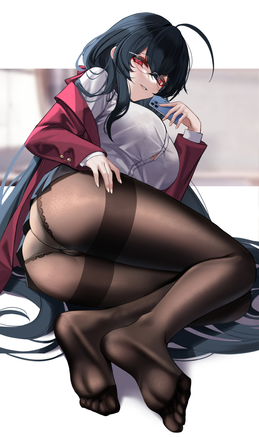 1girl absurdres ahoge ass azur_lane bangs black_hair black_skirt bra_visible_through_clothes breasts eternity_(shadeh) floral_print glasses highres holding holding_phone jacket large_breasts long_hair looking_at_viewer official_alternate_costume panties panties_over_pantyhose pantyhose phone pleated_skirt red_eyes red_jacket school_uniform shirt skirt solo taihou_(azur_lane) taihou_(sweet_time_after_school)_(azur_lane) underwear white_shirt
