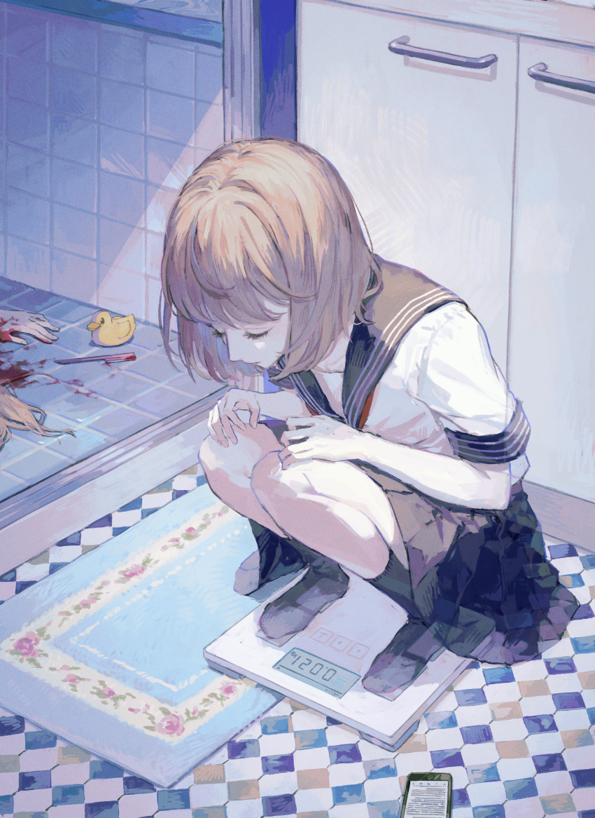 2girls absurdres bangs bathroom black_sailor_collar black_skirt black_socks blonde_hair blood blunt_bangs carpet cellphone closed_eyes closed_mouth death full_body highres implied_suicide indoors medium_hair miniskirt multiple_girls nashiko_(nanaju_ko) neckerchief original phone pleated_skirt razor red_neckerchief rubber_duck rug sailor_collar school_uniform serafuku shirt short_hair short_sleeves skirt smartphone socks solo_focus squatting straight_razor tile_floor tile_wall tiles weighing_scale white_shirt