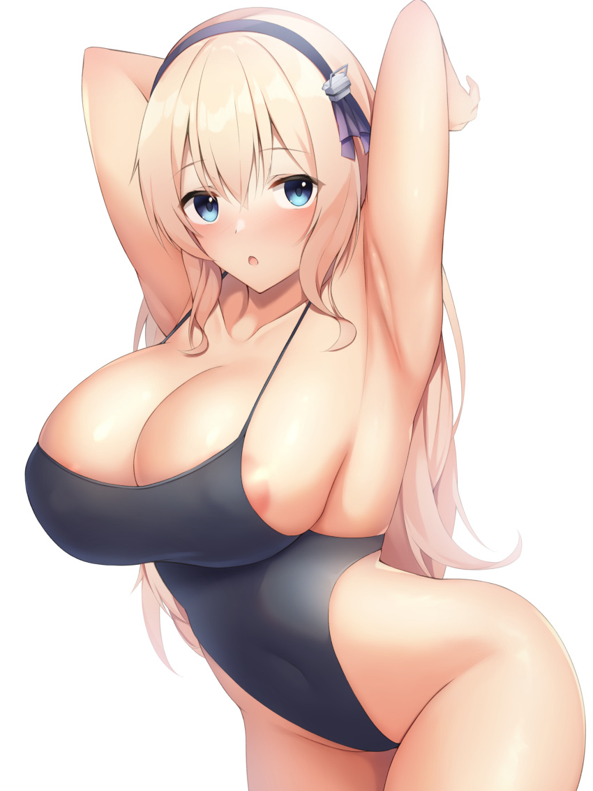 1girl absurdres alternate_breast_size alternate_costume areola_slip armpits arms_behind_head azur_lane black_swimsuit blonde_hair blue_eyes breasts covered_nipples cowboy_shot gigantic_breasts highres kokonoe_misui leander_(azur_lane) one-piece_swimsuit presenting_armpit simple_background solo standing swimsuit white_background